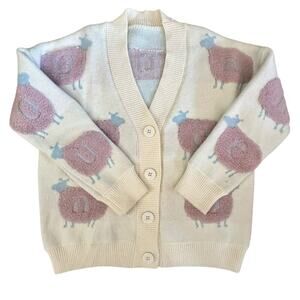 Sunday Soho Women's Alphabet Sheep Pink and Blue Soft Over-sized Sweater Buttons